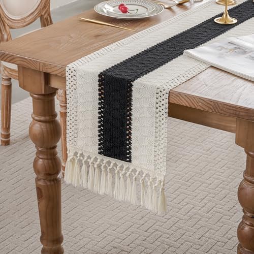 Black Farmhouse Boho Macrame Table Runner with Tassels 90 inches Long