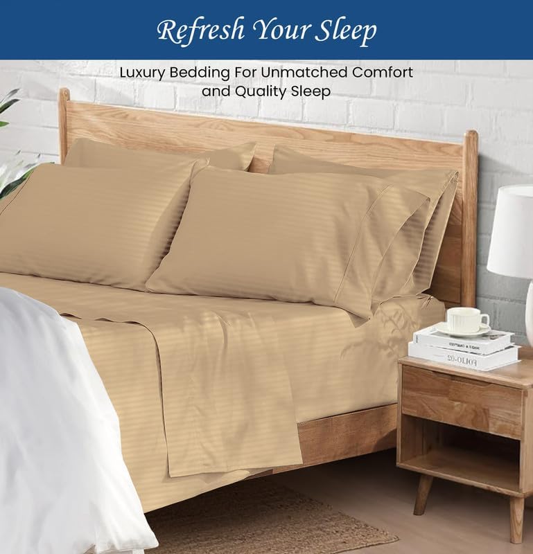SKS Linen- 500 Thread Count Taupe Stripe(Full XL) Bed-Sheet Set-Highly