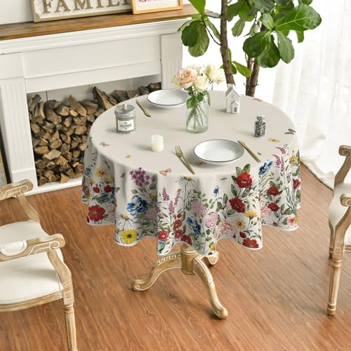 Horaldaily Spring Tablecloth 90 x 90 Inch Round Vintage Flowers Beige