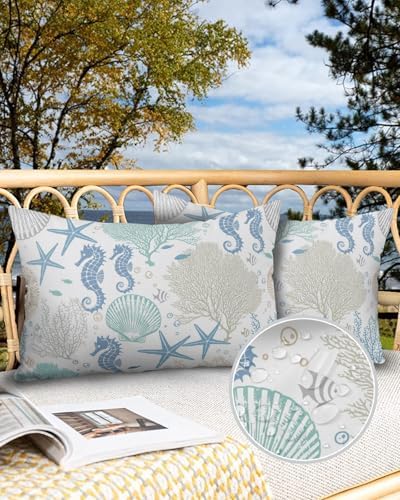 Outdoor Pillow Covers with Inserts,Coral Seahorse Coastal Waterproof