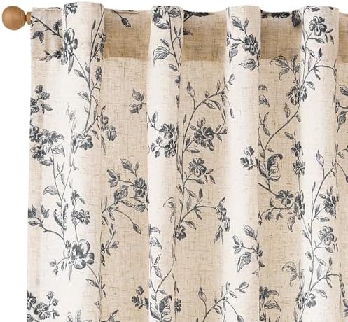 Lazzzy Black Vintage Floral Linen Curtains Farmhouse 38W X 63L 2