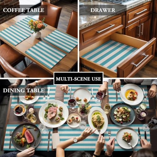Aqua Beige Striped Placemats Set of 6, Cotton Linen Fabric Place Mats