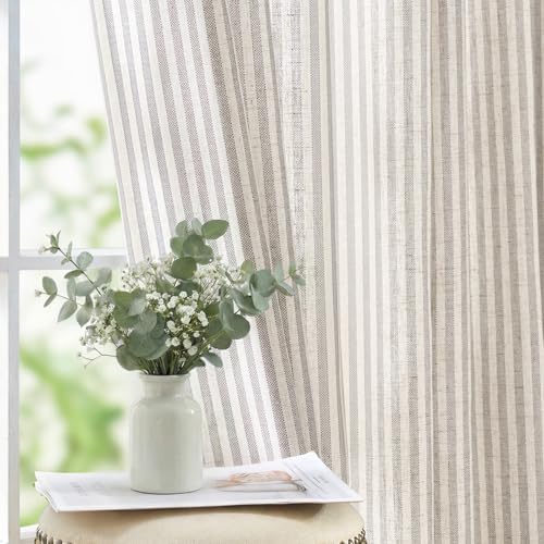 jinchan Linen Curtains 96 inch Taupe Stripe on Linen Grommet 2 Panels
