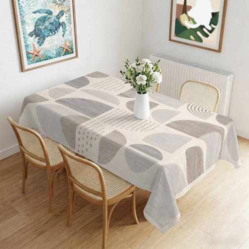 Beige Grey Ombre Geometric Table Cloth, Middle Century Vintage