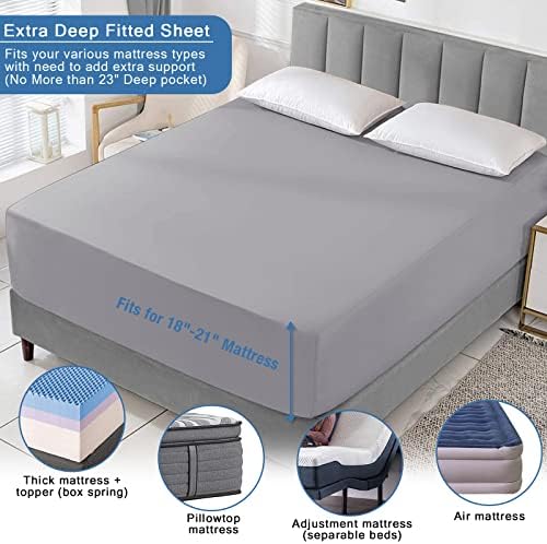 Bedecor Extra Deep Pocket Fitted Sheet, 18-21 Inch, King, Light Gray