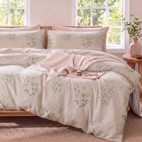 Linen Cotton Duvet Cover Set Queen Size, Green Floral Bedding Set