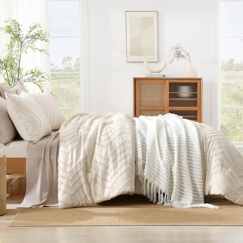 Litanika Oversized King Comforter Set Beige, 3 Pcs Boho Tufted Bedding