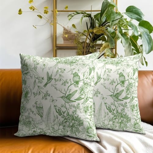 Vintage Floral Throw Pillow Covers 22x22 Inch, Set of 2 Green White