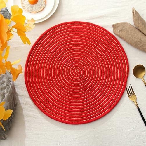 Round Placemats Set of 8, Kitchen Table Mats Washable Red Braided