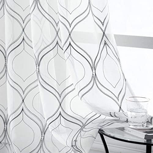 VISIONTEX White Sheer Curtains Grey Moroccan Embroidered 63 Inch