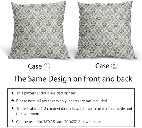 Sage Green Grey Gray Floral Block Print Pillow Covers 18X18 Set of 2