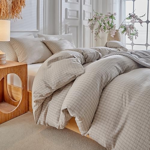 DuShow Grid Queen Duvet Cover Set - Taupe Plaid Checkered Washed