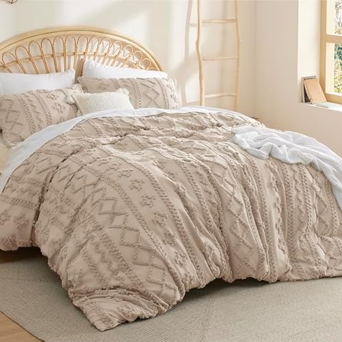 Bedsure Queen Size Light Khaki Sheet Set and Boho Duvet Cover Set with