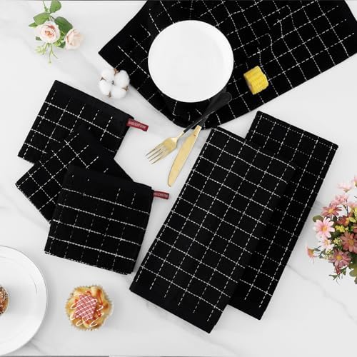 Homaxy Cotton Terry Kitchen Towels and Dishcloths Set of 12, Black