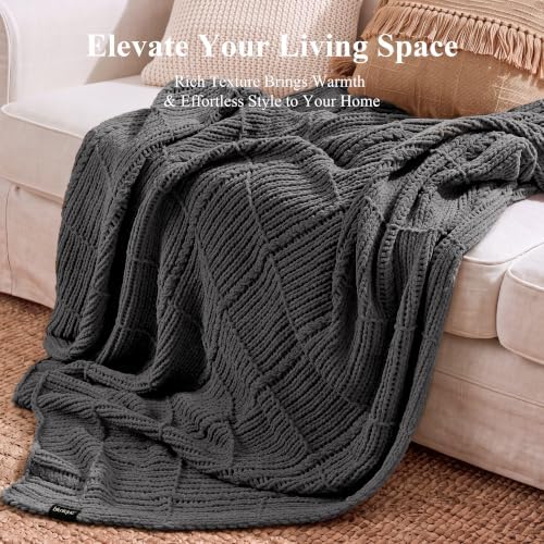 Chenille Knit Throw Blanket, Soft Cable Knit Blanket with Openwork