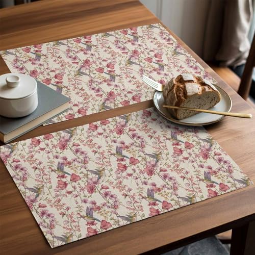 Placemats Set of 8, Pink Beige Flowers Woven Placemat, Linen Place