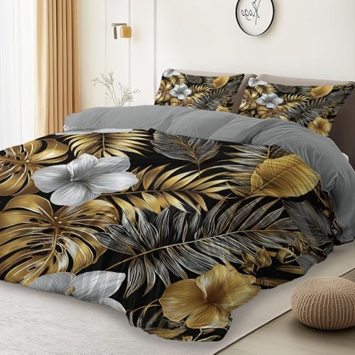 King Duvet Cover Set, Modern Flowers Leaves Elegant Reversible Design