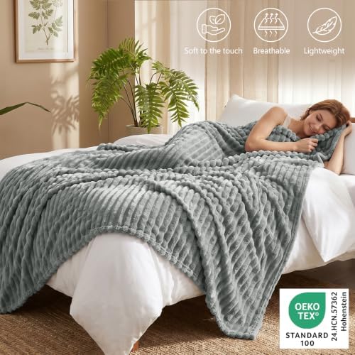 CozyLux Gray Twin Blanket for Bed, Ribbed Fleece, 60 x 80 Inch