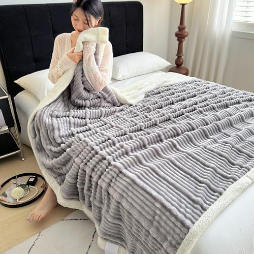UKELER Sherpa Throw Blankets 60 × 80 inch, 470 GSM Striped Sherpa