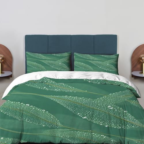Dewy Sage Leaves 100% Cotton Duvet Cover Set Queen Size, Green with