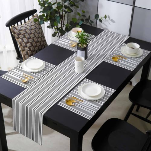 Gray Black and White Stripe Table Runner and Placemats Set of 4