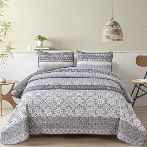 WONGS BEDDING Boho Quilt Full Set,3 Pcs Grey Floral Striped Bedspread