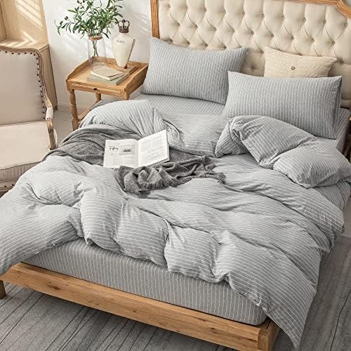 PURE ERA Jersey Duvet Cover Set Heather Grey & White Pintripe Queen