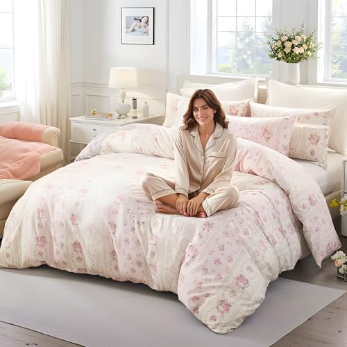 Duvet Cover Queen Size - 100% Cotton Reversible Floral Duvet Cover Set