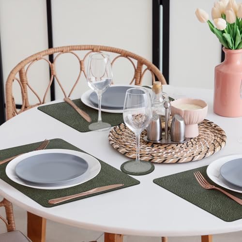 comfoyar Faux Leather Olive Green Placemats Set of 6 with Coasters