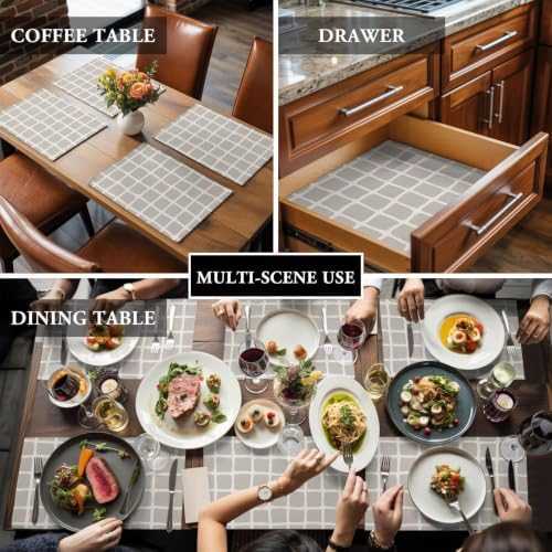 Taupe Gray Grid Placemats Set of 8, Cotton Linen Fabric Place Mats