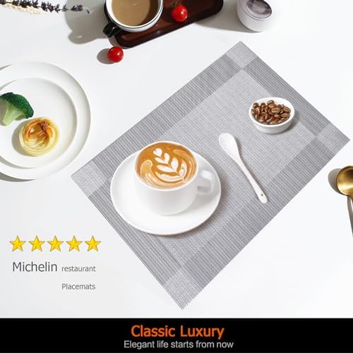 Silver Grey Vinyl Placemats Set of 8, Heat Resistant Table Placemats