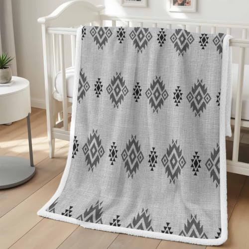 Fleece Sherpa Bed Blankets, Grey Boho Microfiber Plush Flannel Throw