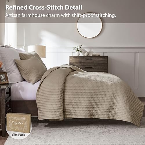 WDCOZY Dark Beige Cross Stitch King Size Quilt Set, Striped
