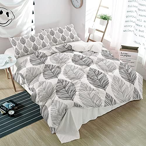 Duvet Cover Set Queen, Seamless Grey Leaves Texture 3 Piece Bedding