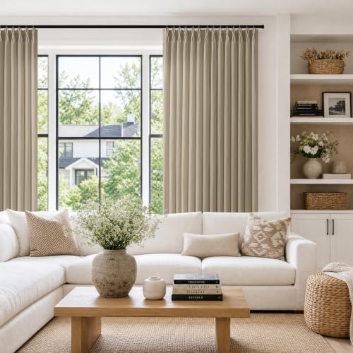 Light Brown Pinch Pleated Semi Sheer Linen Curtains 108 Inch Length
