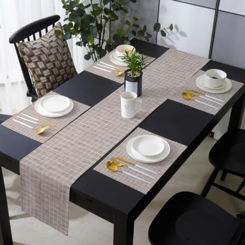 Taupe Plaid Table Mats Set of 6 with Table Runner 90 Inches