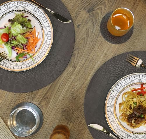 Round Leather Placemats for Round Tables Set of 6, Gray Table Place
