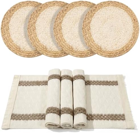 Handmade Boho Placemats Set of 4 | Natural Woven & Fabric Cotton Combo