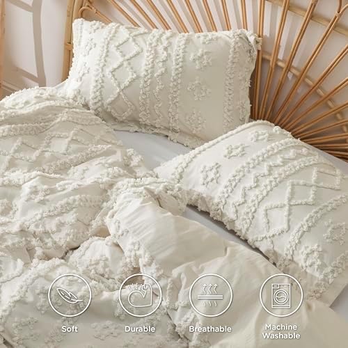 Bedsure Boho Twin Duvet Cover, Tufted Embroidery, 2-Piece, Beige