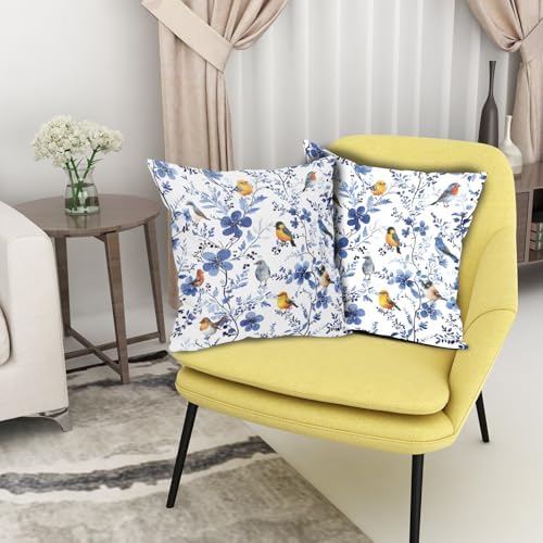Bird Floral Pillow Covers 22x22inch, Watercolor Navy Blue Flowers