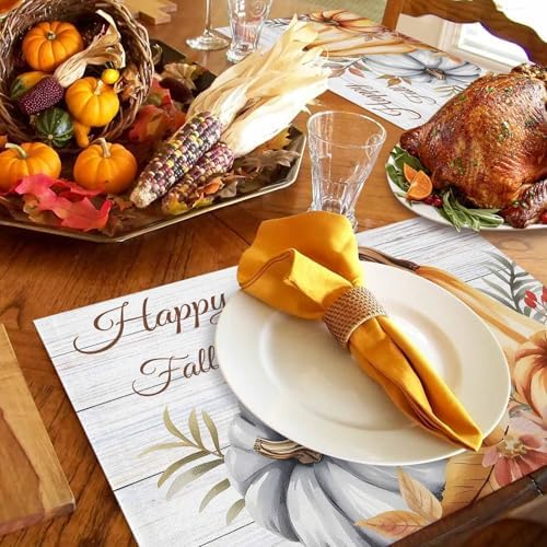 Placemats Set of 8, Fall Thanksgiving Harvest Pumpkins Washable Table