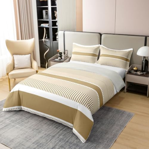 Erosebridal Khaki Striped 100% Cotton Duvet Cover King | Neutral