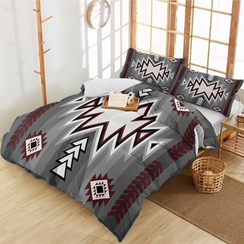 Duvet Cover Set Full, Retro Bohemian Gray Pattern 3 Piece Bedding Set
