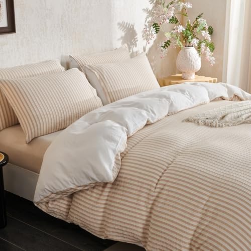 Striped King Duvet Cover Beige Washed Cotton Jacquard 3 Pieces Bedding