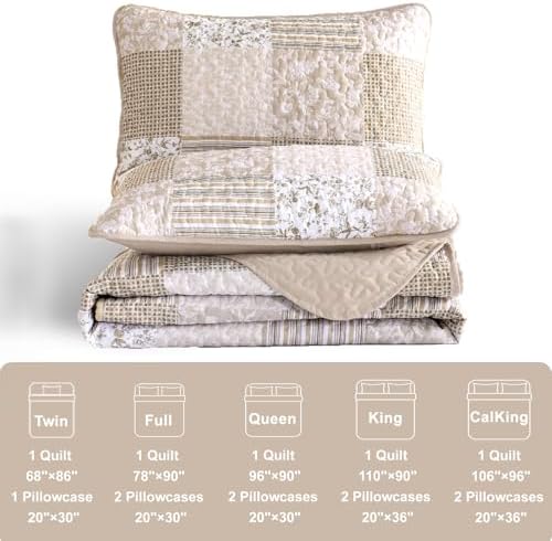 Mybedsoul Beige Boho Quilt King Size, Patchwork Floral Bedding Set