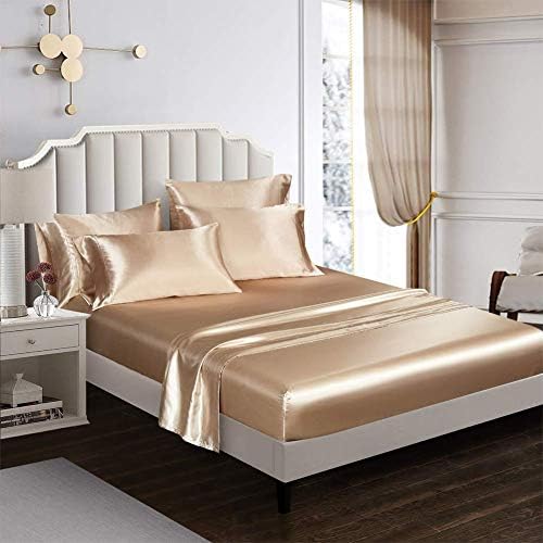 AiMay 6 Piece Satin Bedding Sheet Set Queen Taupe Deep Pocket 1800