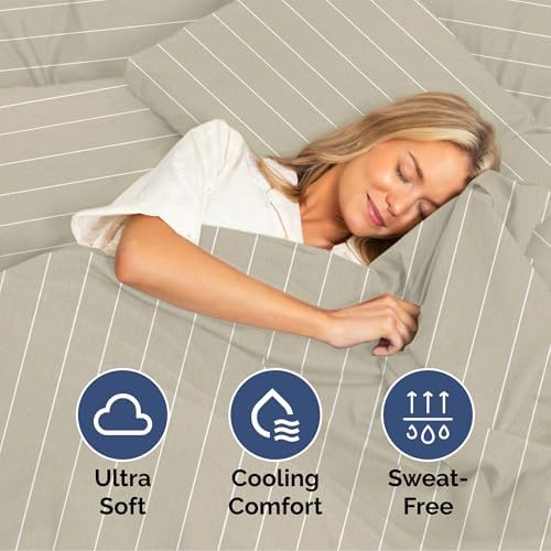 Queen Sheets Set, 4 Pieces 16" Deep Pocket Hotel Luxury, Beige Stripes