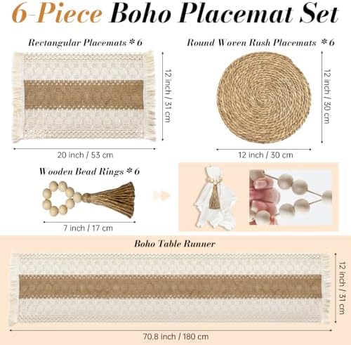 Boho Placemats Set of 6 - Boho Woven Placemat, Round Rattan Placemat