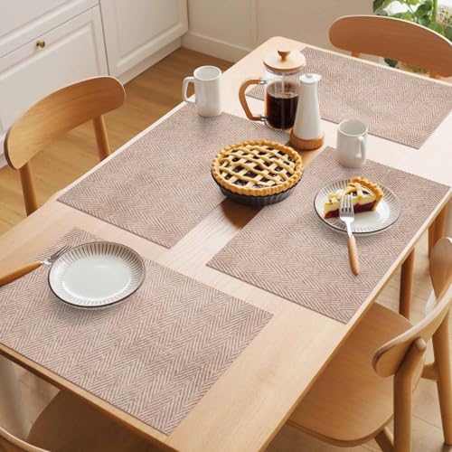Beige Herringbone Placemats Set of 8 Modern Minimalist Woven Textured