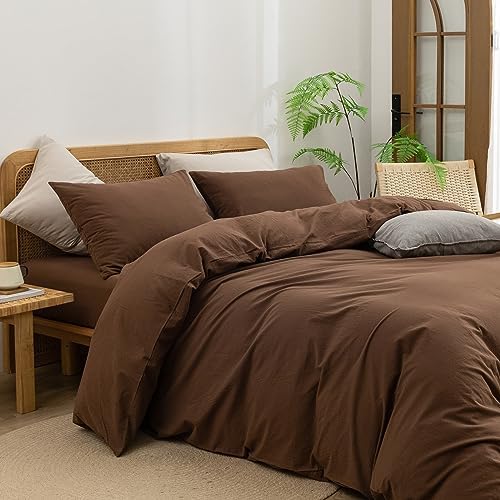 BESTOUCH Cotton Solid Duvet Cover Set Linen Feel Cocoa Brown King